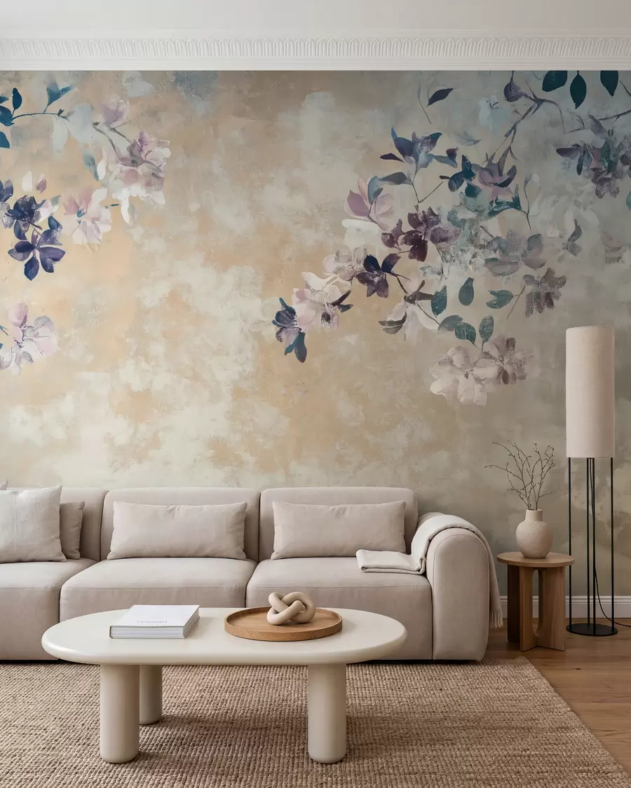 Fotobehang Bloesem in verbleekt blauw w02686