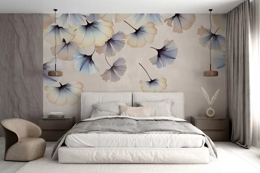 Fotobehang Pastelkleurige blauwe en beige ginkgobladeren met delicate bloemblaadjes die in de lucht zweven tegen een texturale achtergrond w08578