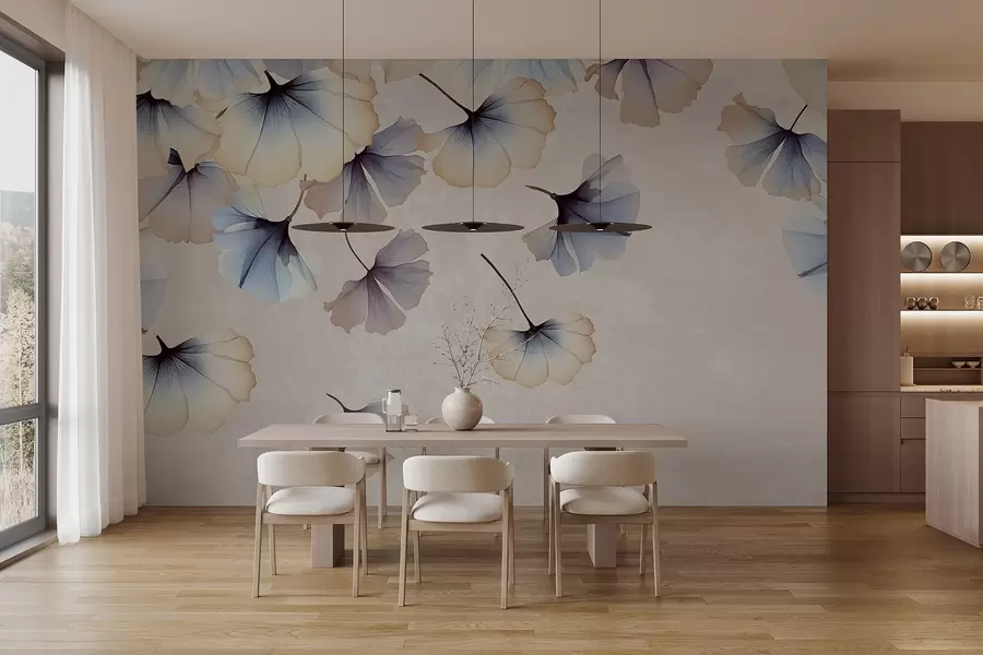 Fotobehang Pastelkleurige blauwe en beige ginkgobladeren met delicate bloemblaadjes die in de lucht zweven tegen een texturale achtergrond w08578