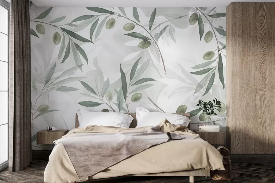 Fotobehang Olijftakken met groene bladeren en olijven op een lichte achtergrond w08576