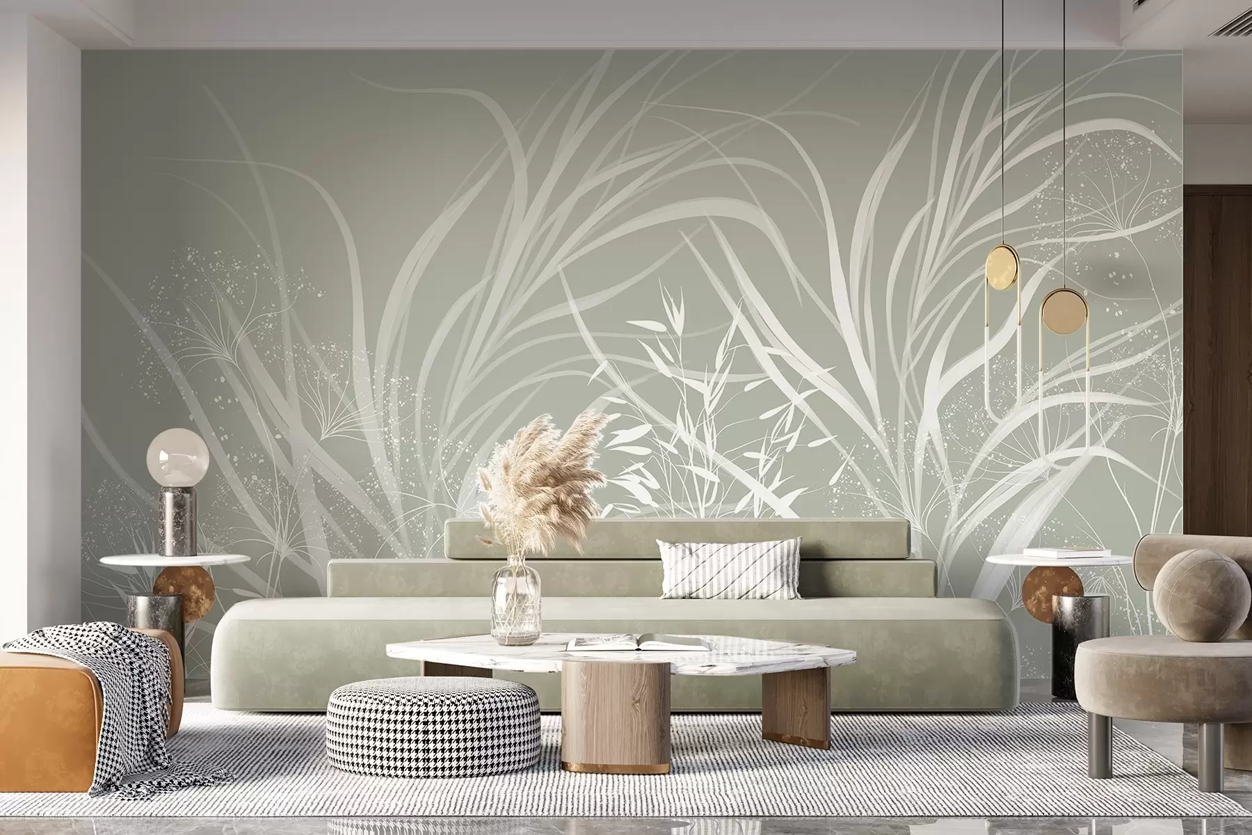 Fotobehang Delicate moderne minimalistische witte bloemenprint op een lichte pastelgroene achtergrond w08583v1