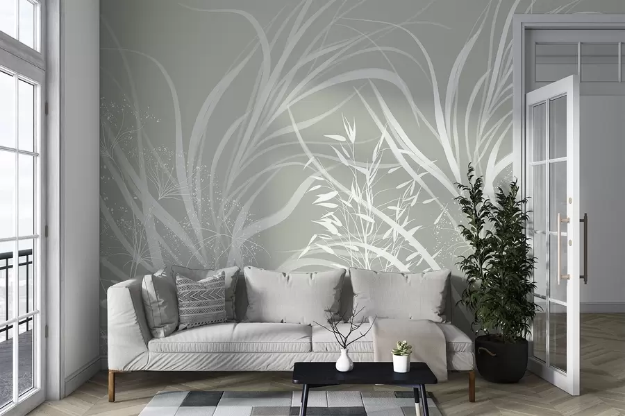 Fotobehang Delicate moderne minimalistische witte bloemenprint op een lichte pastelgroene achtergrond w08583v1