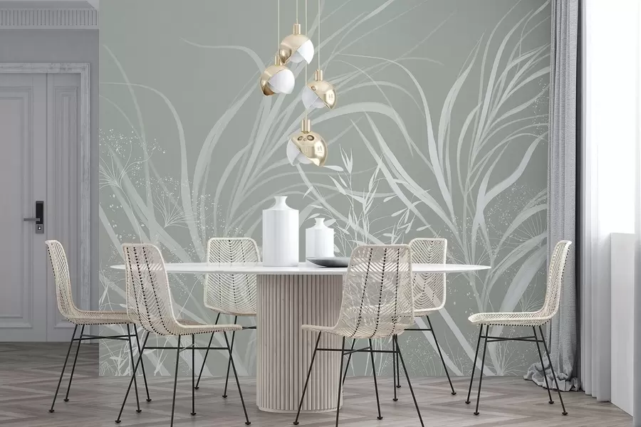 Fotobehang Delicate moderne minimalistische witte bloemenprint op een lichte pastelgroene achtergrond w08583v1