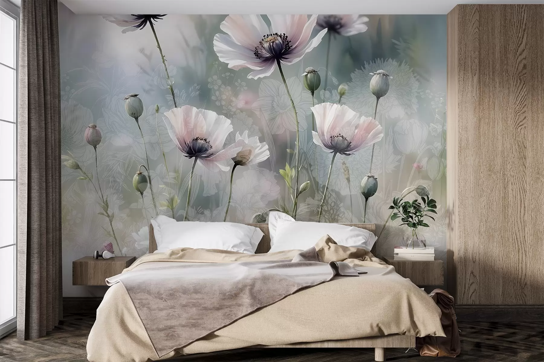 Fotobehang Delicate roze en paarse klaprozen met groene stengels en knoppen tegen een zachte, onscherpe getextureerde achtergrond w08585