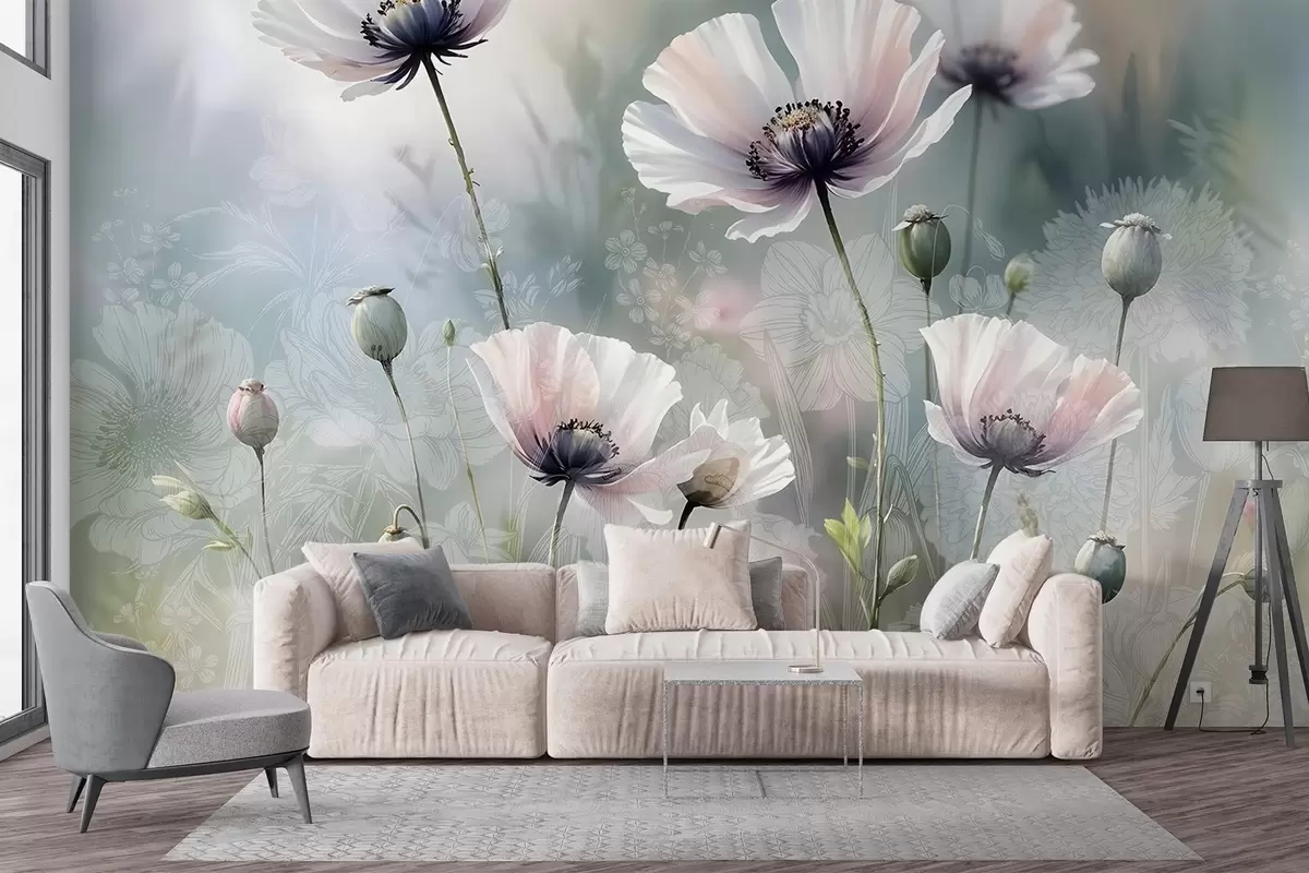Fotobehang Delicate roze en paarse klaprozen met groene stengels en knoppen tegen een zachte, onscherpe getextureerde achtergrond w08585