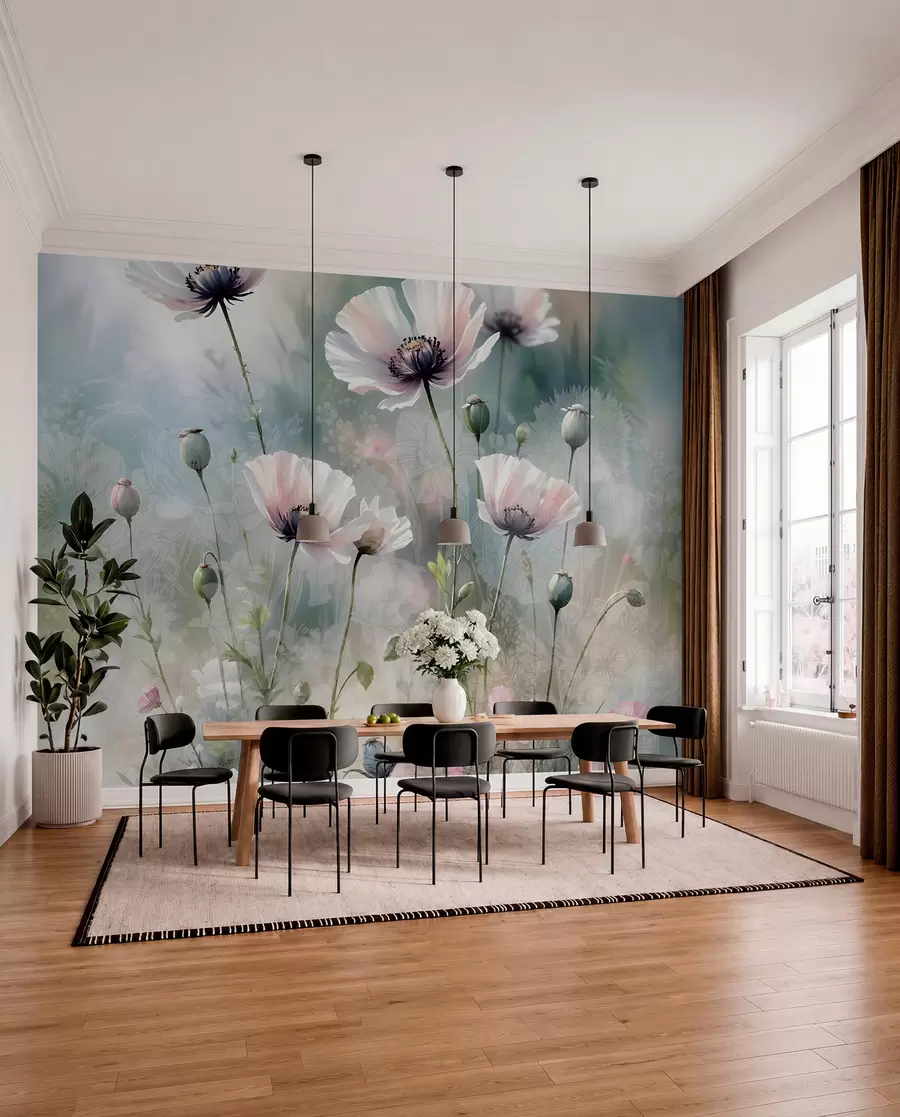 Fotobehang Delicate roze en paarse klaprozen met groene stengels en knoppen tegen een zachte, onscherpe getextureerde achtergrond w08585