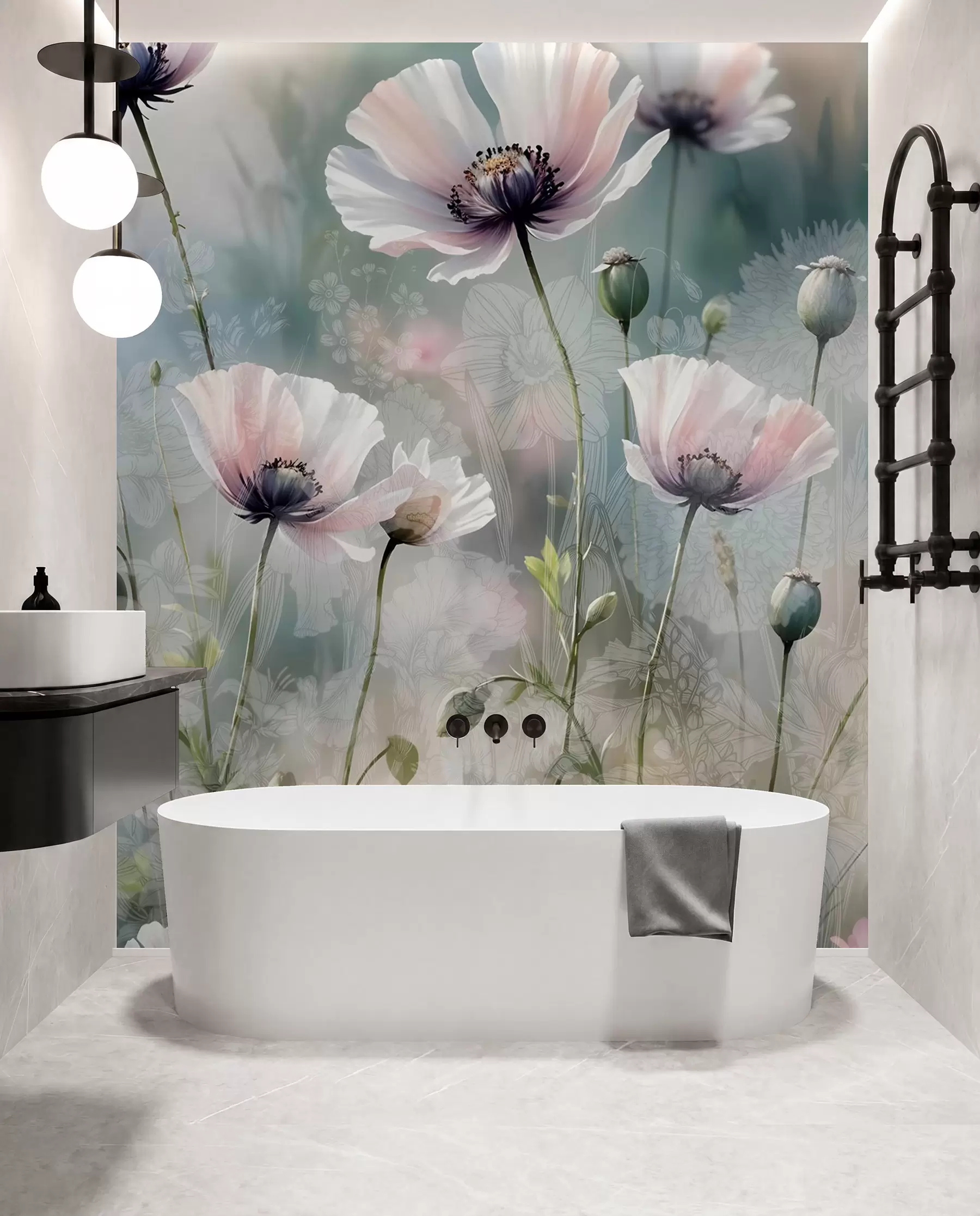 Fotobehang Delicate roze en paarse klaprozen met groene stengels en knoppen tegen een zachte, onscherpe getextureerde achtergrond w08585
