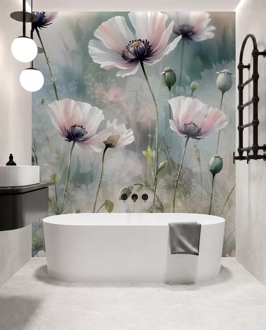 Fotobehang Delicate roze en paarse klaprozen met groene stengels en knoppen tegen een zachte, onscherpe getextureerde achtergrond w08585