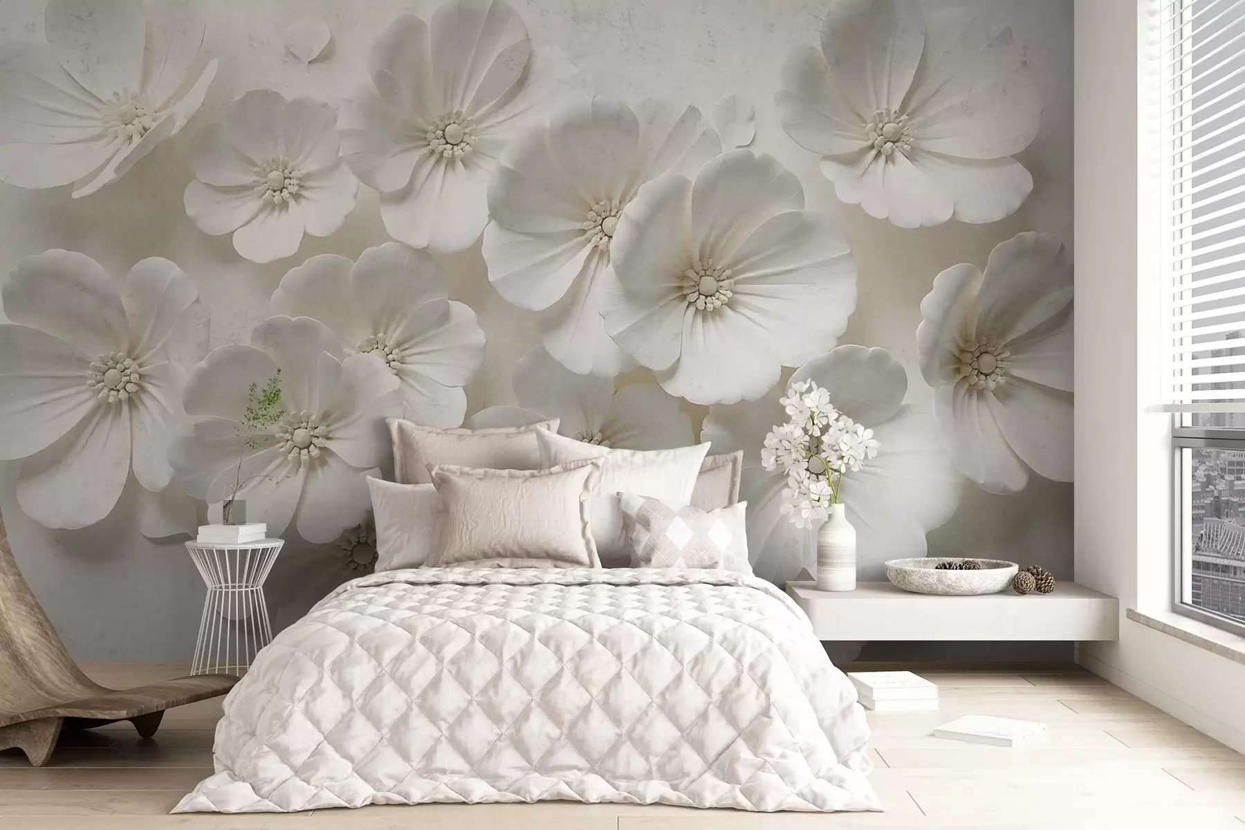 Fotobehang Witte bloemen met fijne bloemblaadjes en hartjes tegen een lichte achtergrond w08587