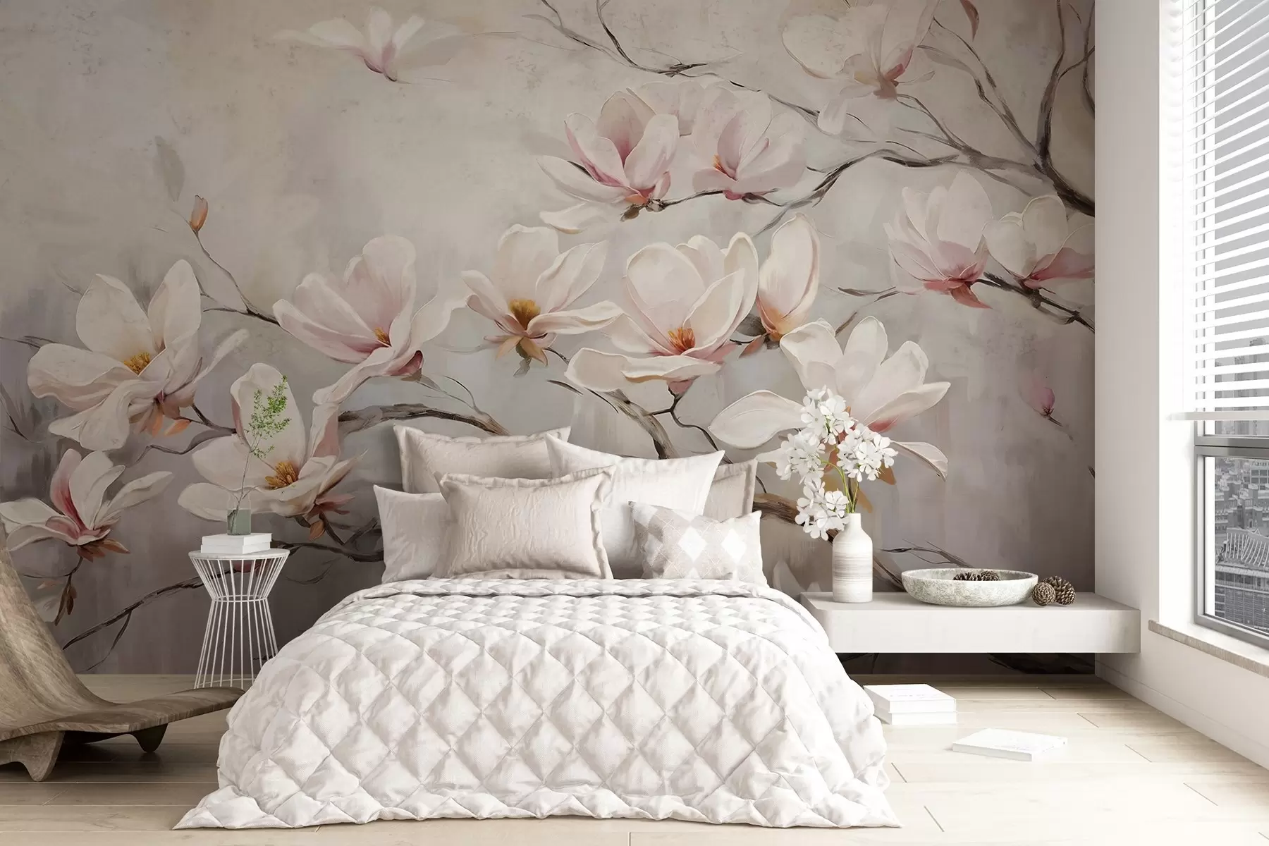 Fotobehang Delicate roze magnolia bloemen bloeiend op kale boomtakken tegen een zachte, wazige achtergrond w08589