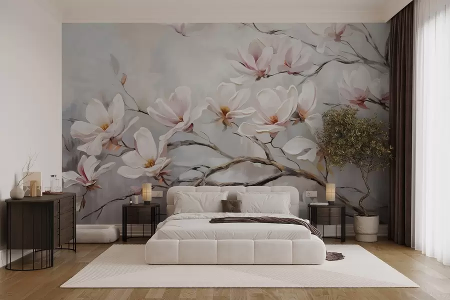 Fotobehang Delicate roze magnolia bloemen bloeiend op kale boomtakken tegen een zachte, wazige achtergrond w08589