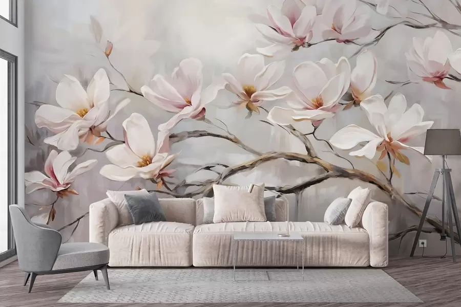 Fotobehang Delicate roze magnolia bloemen bloeiend op kale boomtakken tegen een zachte, wazige achtergrond w08589