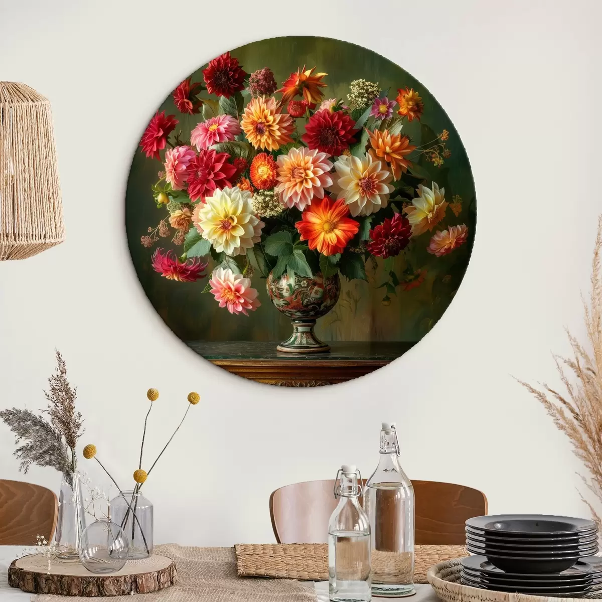 Ronde schilderijen Een weelderig boeket chrysanten in een vaas tegen een achtergrond van diepgroen r41001