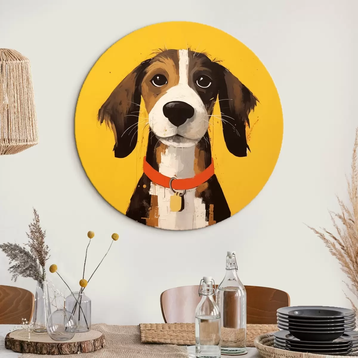 Ronde schilderijen Portret van een hond op een gele achtergrond r41232
