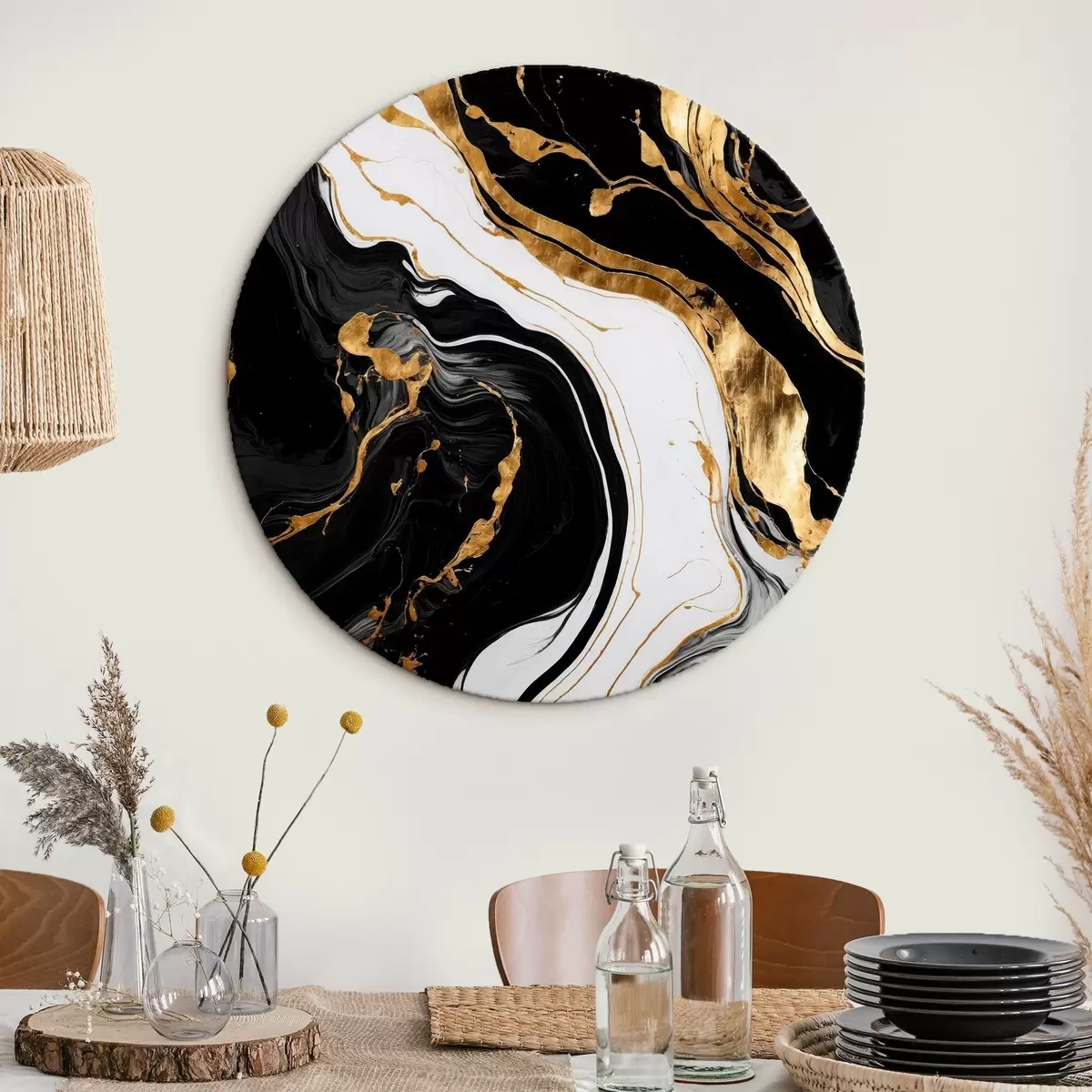 Ronde schilderijen Zwart-wit abstract beeld met gele vlekken r41292