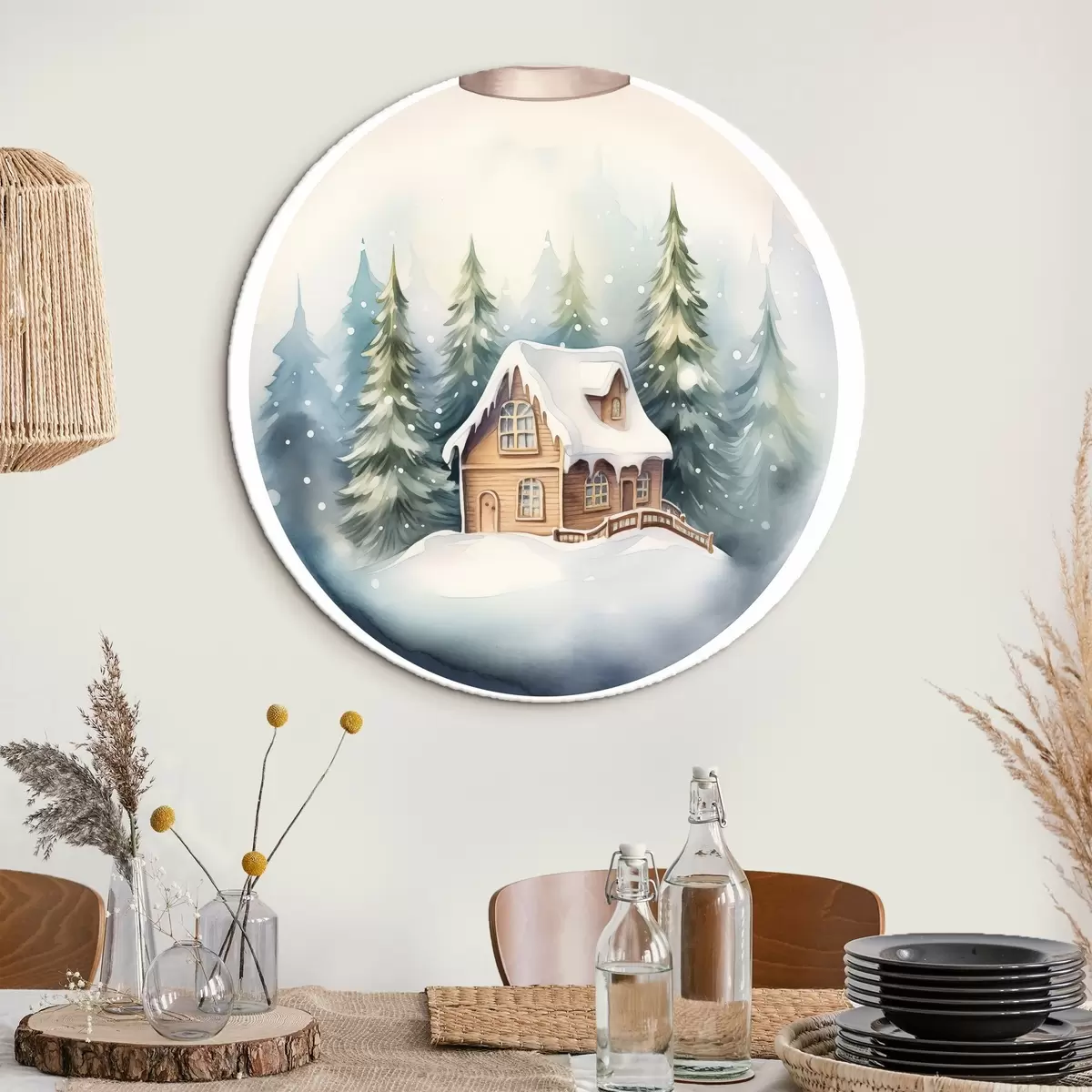 Ronde schilderijen Aquarel kristallen bol met winterlandschap, huis in het bos, sneeuw r41366