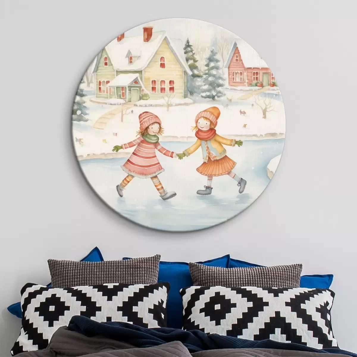 Ronde schilderijen Winterscène met twee meisjes die, winterstad, huizen, bos schaatsen r41377