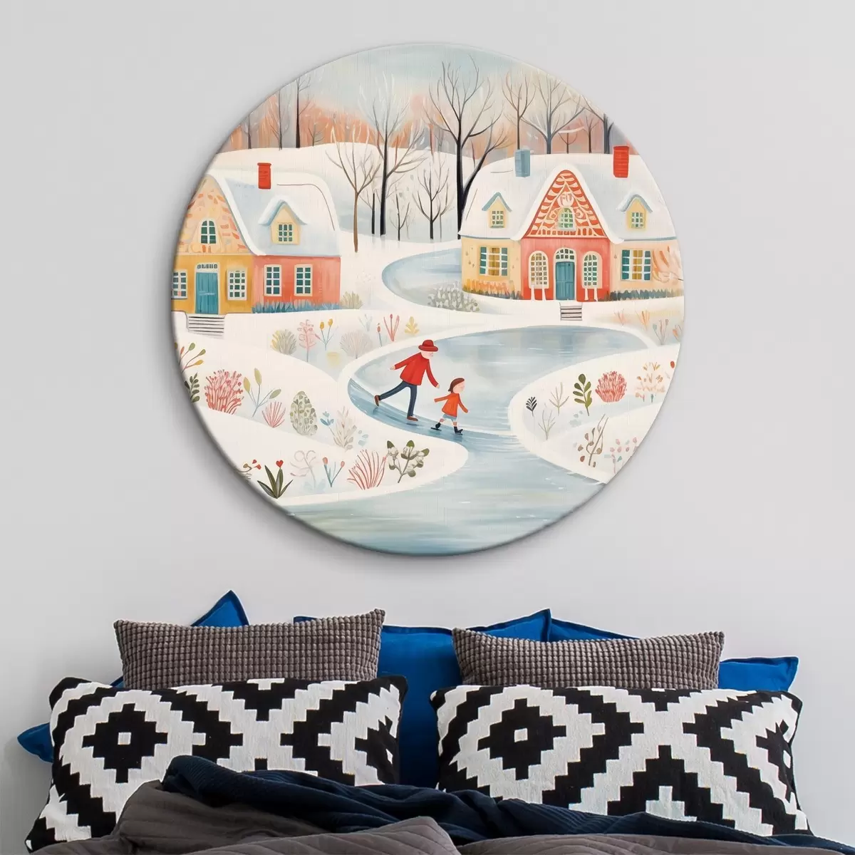 Ronde schilderijen Winterdorp, bos, bloemen, schaatsen, kleurrijke huizen r41378