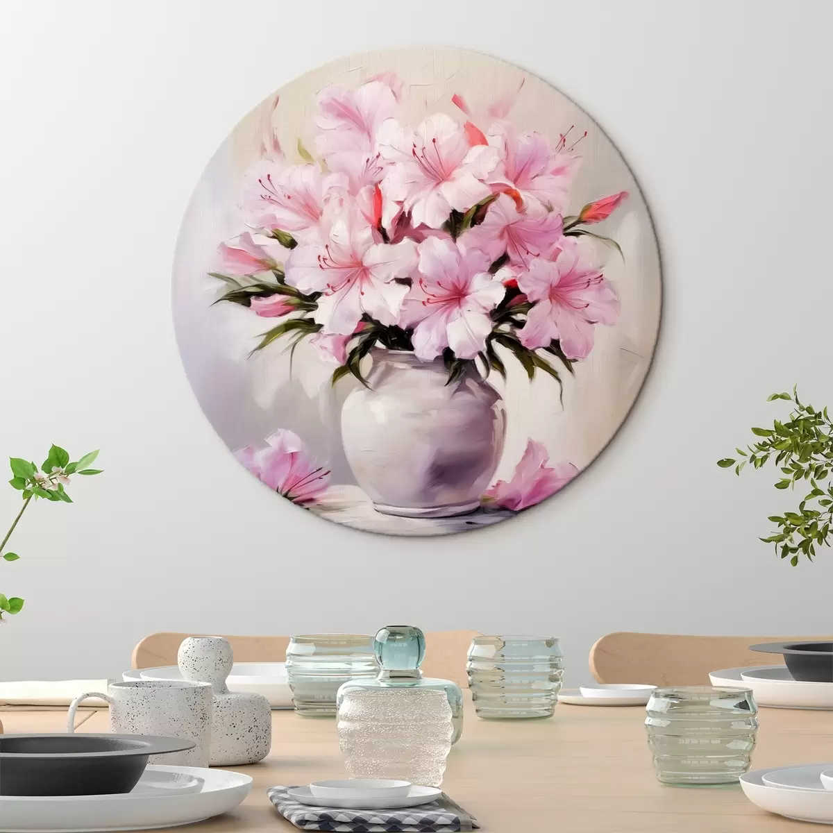 Ronde schilderijen Roze hibiscus in een pot r41472