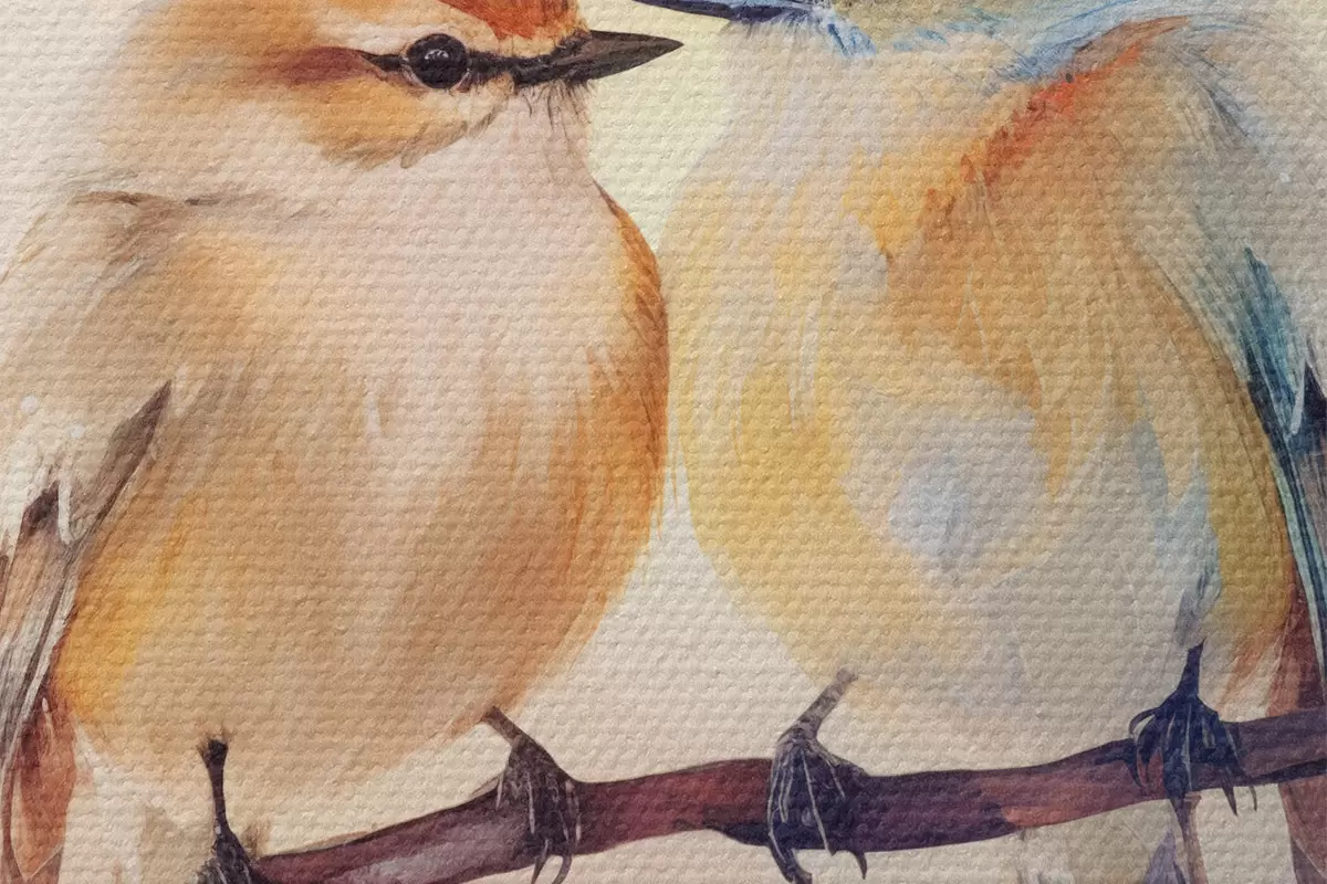 Ronde schilderijen Een vogelpaar zit op een bloeiende tak r41476