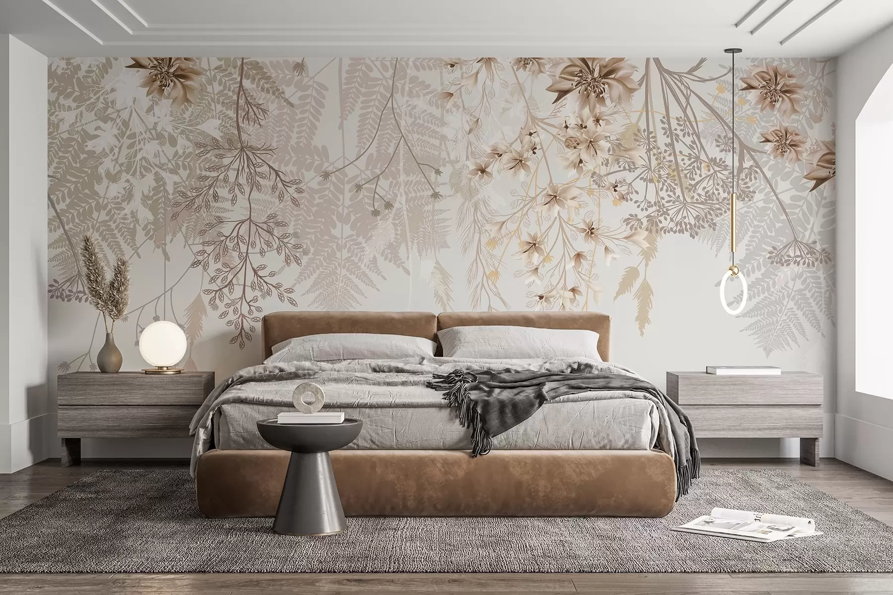 Fotobehang Delicate bloesemtakken en gras met witte, grijze en beige bloemen op een lichte achtergrond w08598
