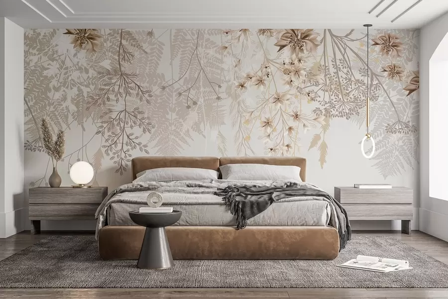 Fotobehang Delicate bloesemtakken en gras met witte, grijze en beige bloemen op een lichte achtergrond w08598