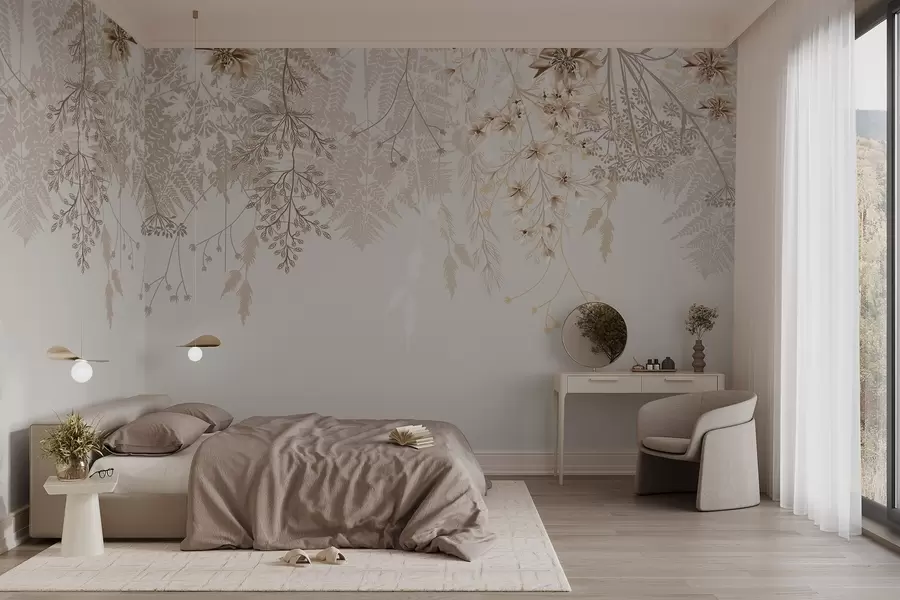 Fotobehang Delicate bloesemtakken en gras met witte, grijze en beige bloemen op een lichte achtergrond w08598