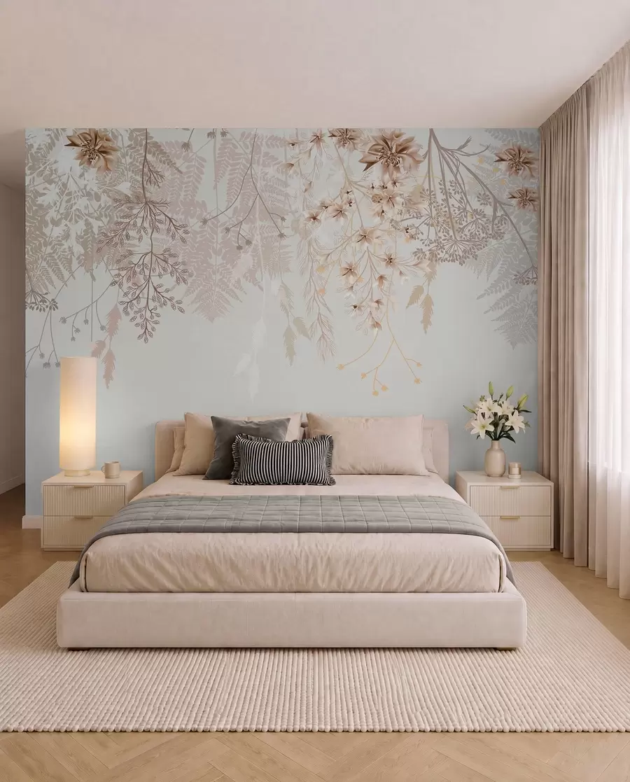 Fotobehang Delicate bloesemtakken en gras met witte, grijze en beige bloemen op een lichte achtergrond w08598