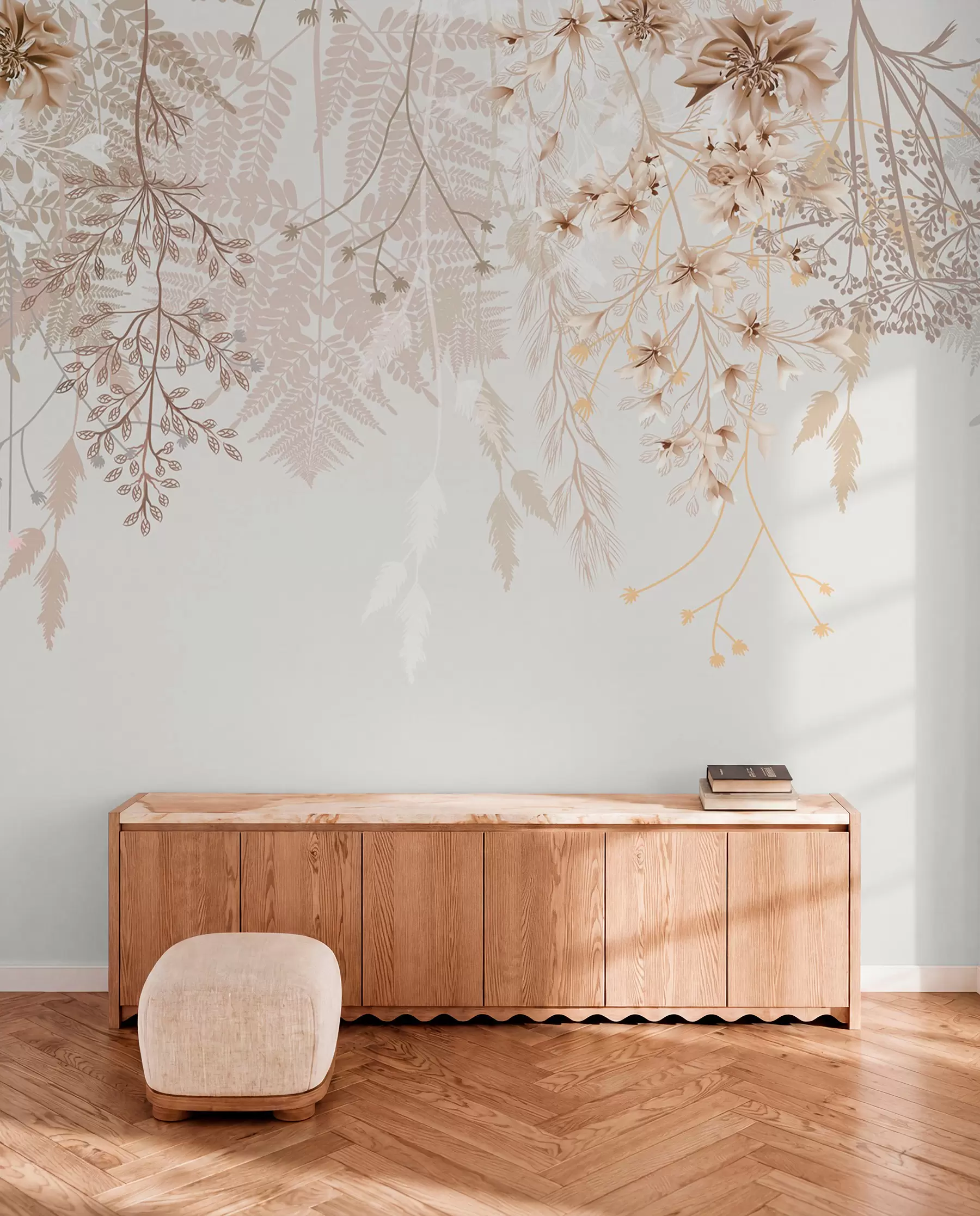 Fotobehang Delicate bloesemtakken en gras met witte, grijze en beige bloemen op een lichte achtergrond w08598
