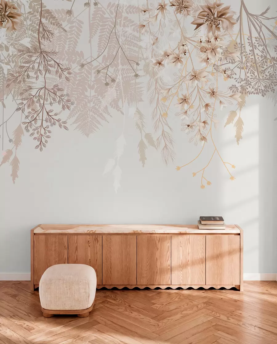 Fotobehang Delicate bloesemtakken en gras met witte, grijze en beige bloemen op een lichte achtergrond w08598