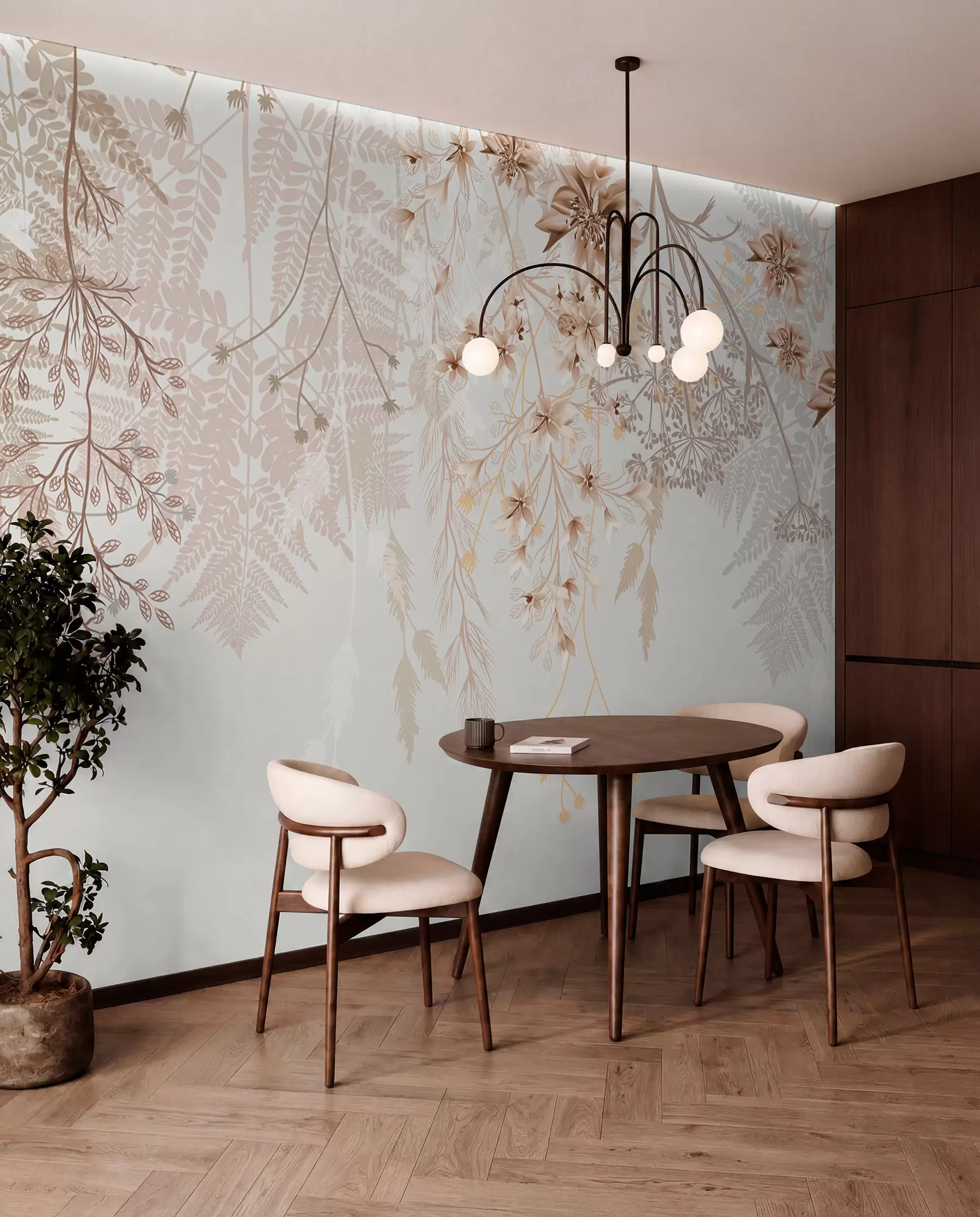 Fotobehang Delicate bloesemtakken en gras met witte, grijze en beige bloemen op een lichte achtergrond w08598
