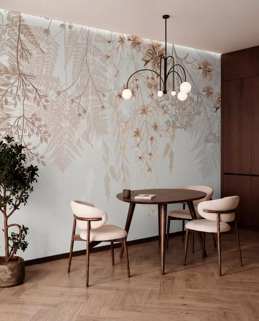 Fotobehang Delicate bloesemtakken en gras met witte, grijze en beige bloemen op een lichte achtergrond w08598