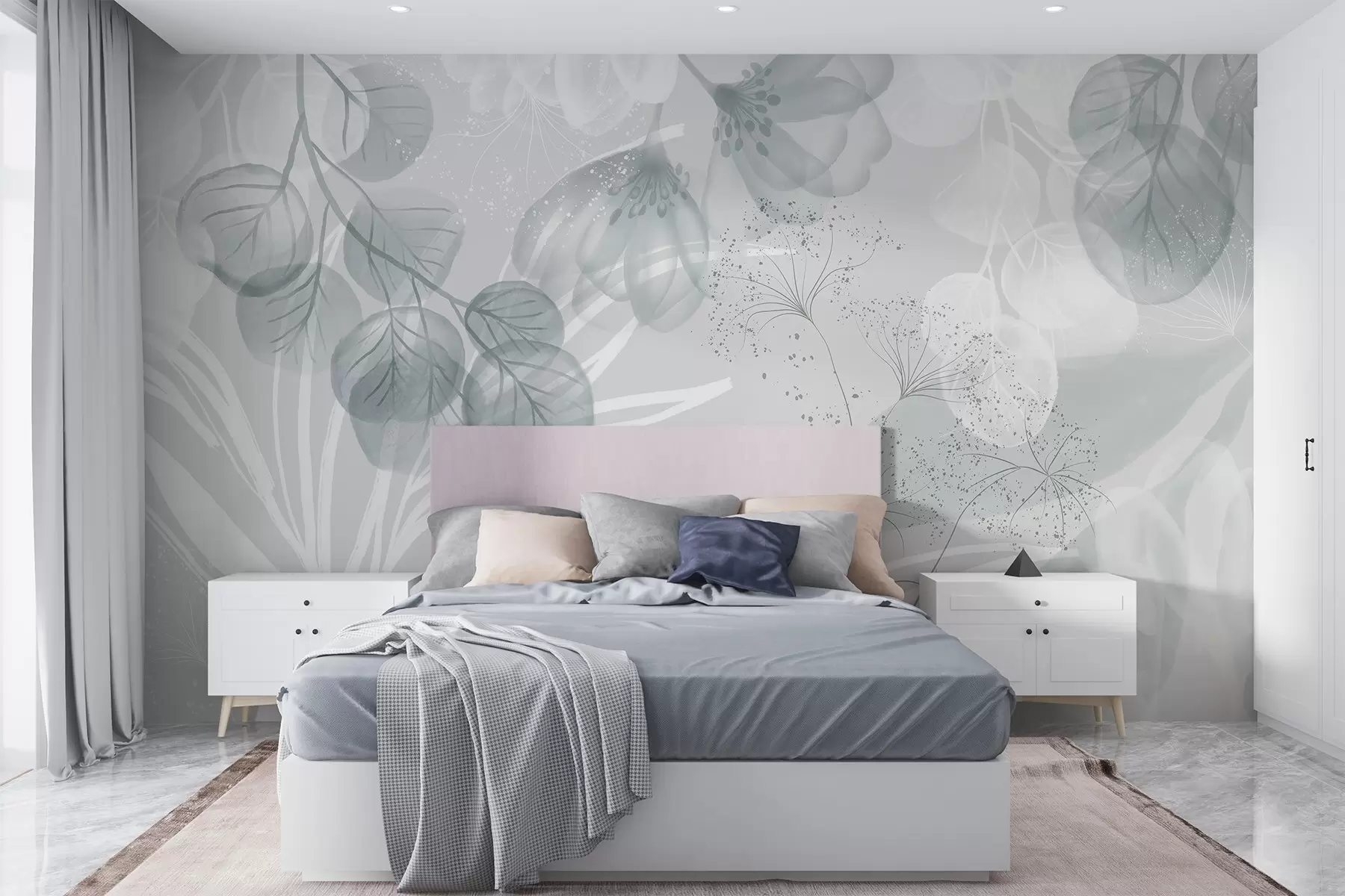Fotobehang Florale eucaliptuselementen in blauw- en wittinten met overlappende bladeren en bloemblaadjes in een minimalistische stijl w08599