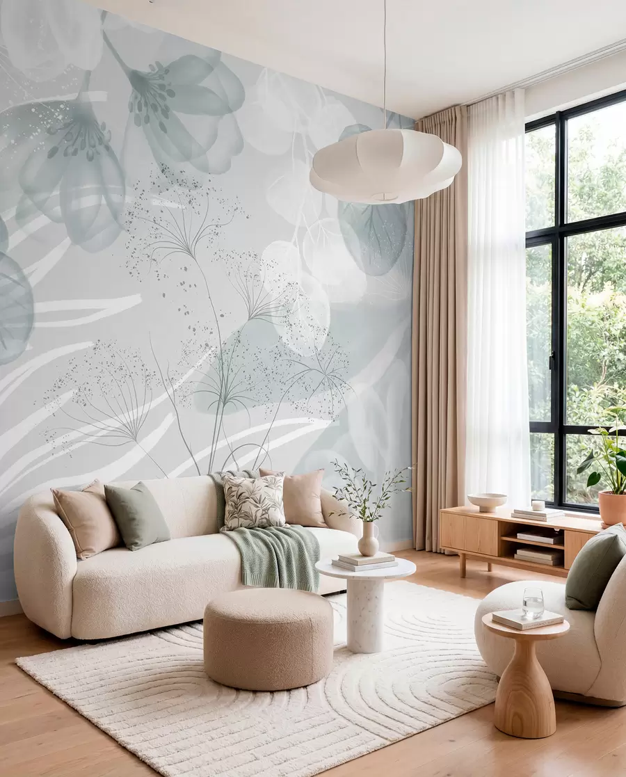 Fotobehang Florale eucaliptuselementen in blauw- en wittinten met overlappende bladeren en bloemblaadjes in een minimalistische stijl w08599