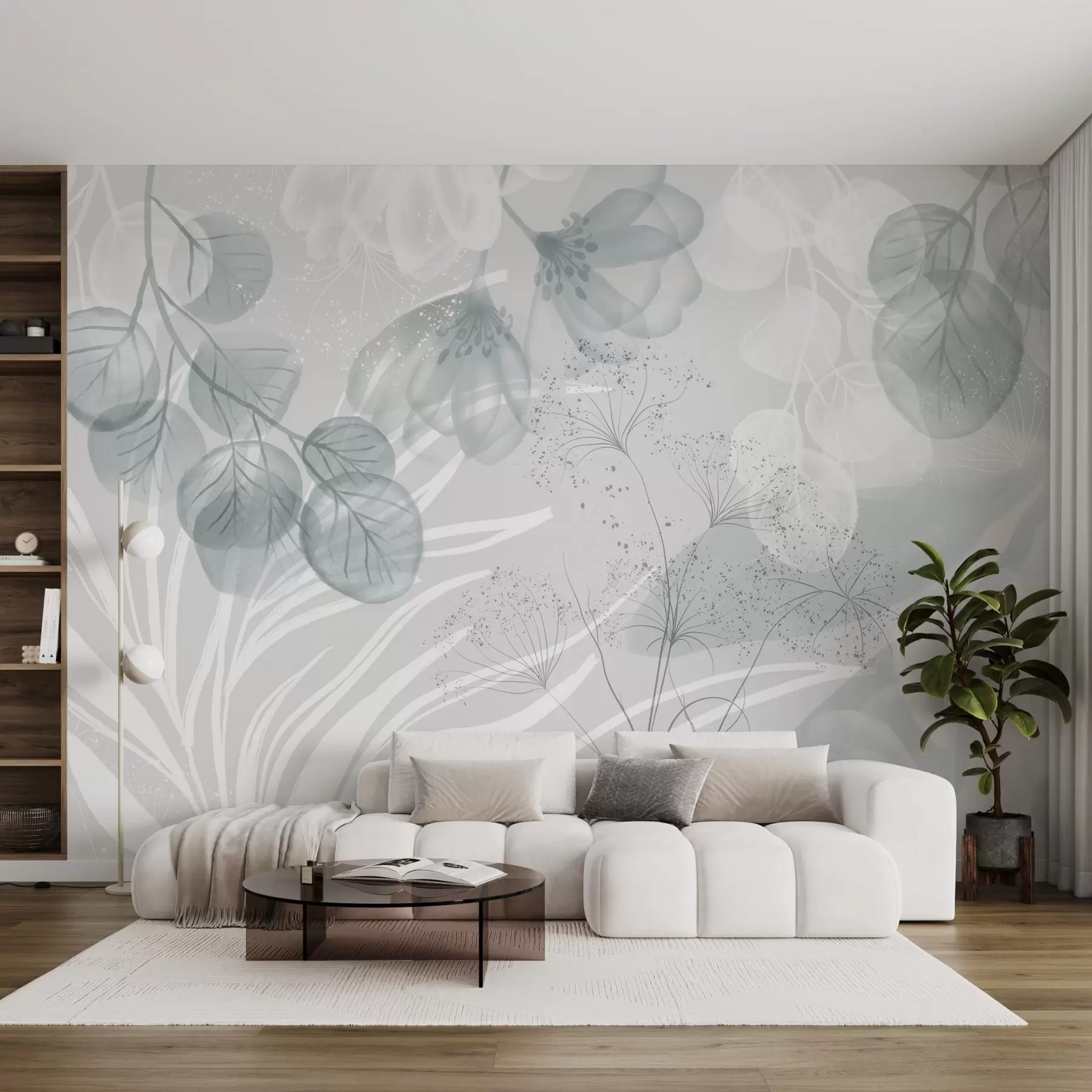 Fotobehang Florale eucaliptuselementen in blauw- en wittinten met overlappende bladeren en bloemblaadjes in een minimalistische stijl w08599