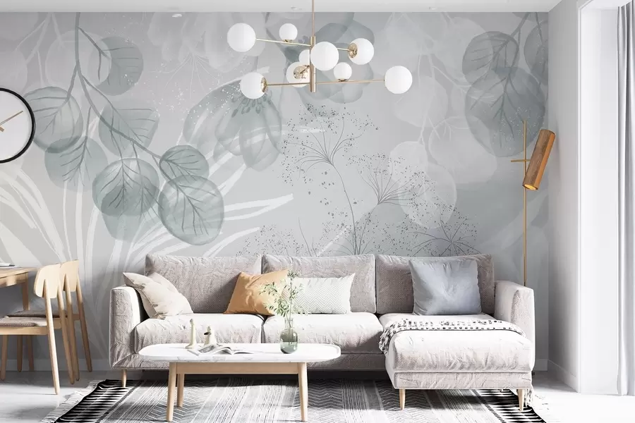 Fotobehang Florale eucaliptuselementen in blauw- en wittinten met overlappende bladeren en bloemblaadjes in een minimalistische stijl w08599