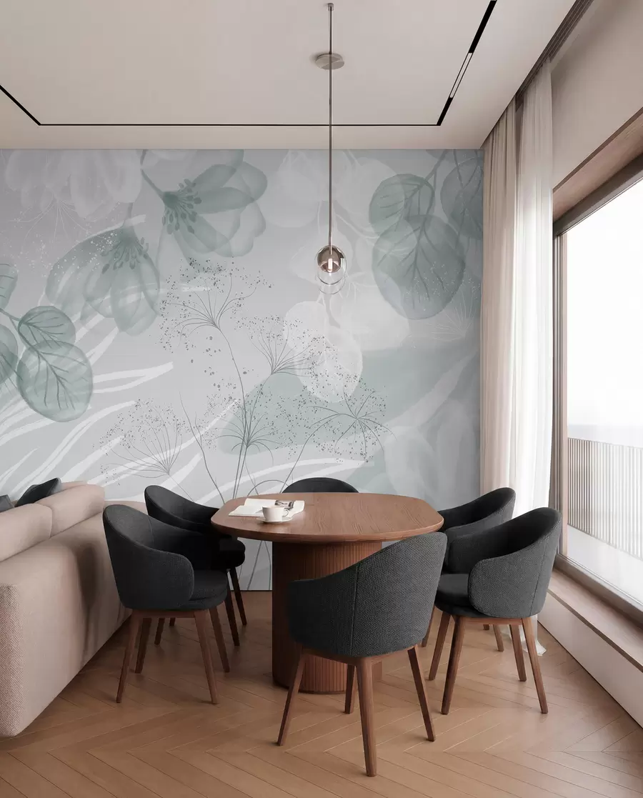 Fotobehang Florale eucaliptuselementen in blauw- en wittinten met overlappende bladeren en bloemblaadjes in een minimalistische stijl w08599