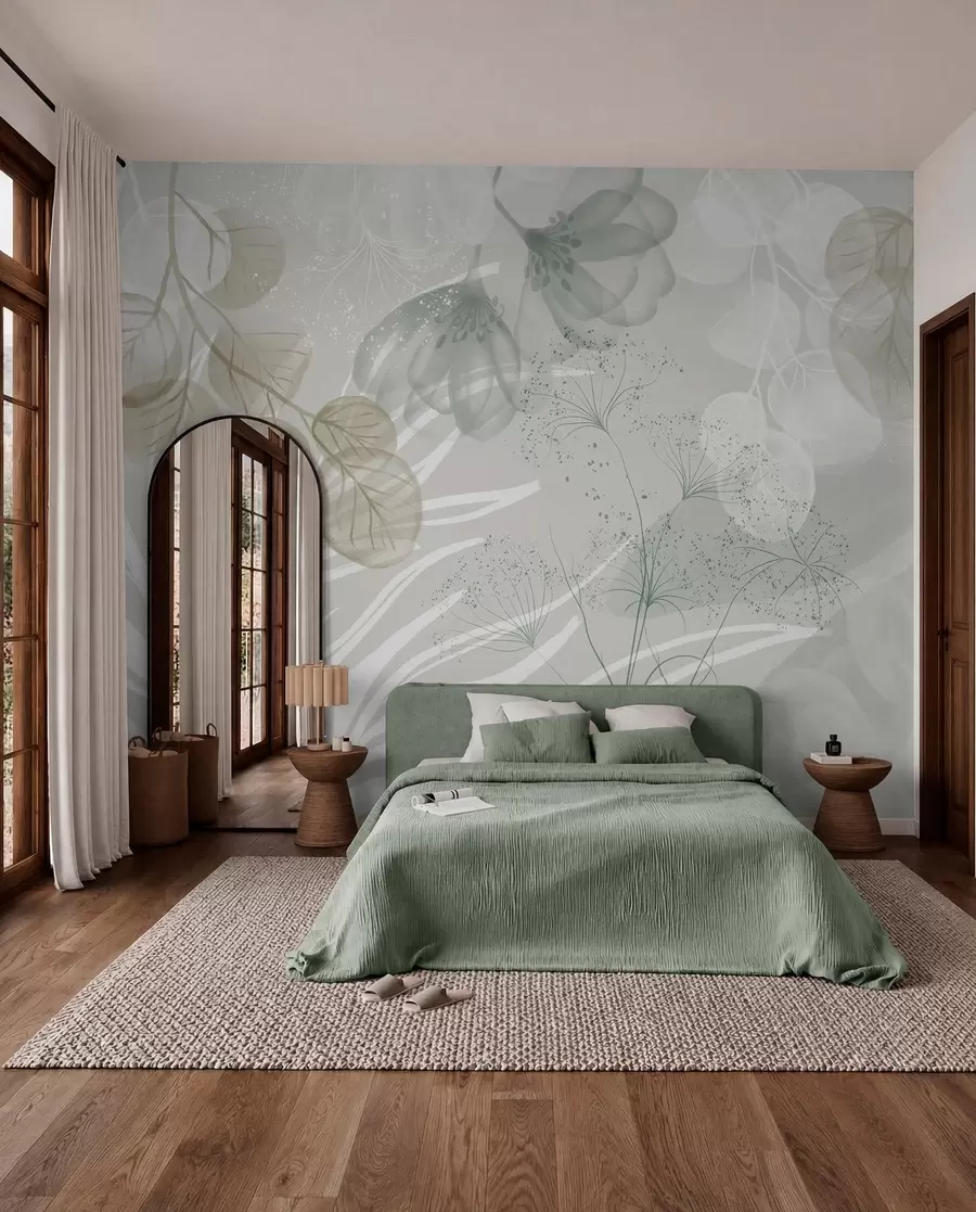Fotobehang Florale eucaliptuselementen in groene en witte tinten met overlappende bladeren en bloemblaadjes in een minimalistische stijl w08599v1