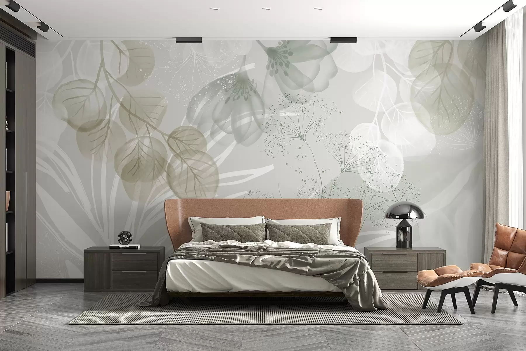 Fotobehang Florale eucaliptuselementen in groene en witte tinten met overlappende bladeren en bloemblaadjes in een minimalistische stijl w08599v1