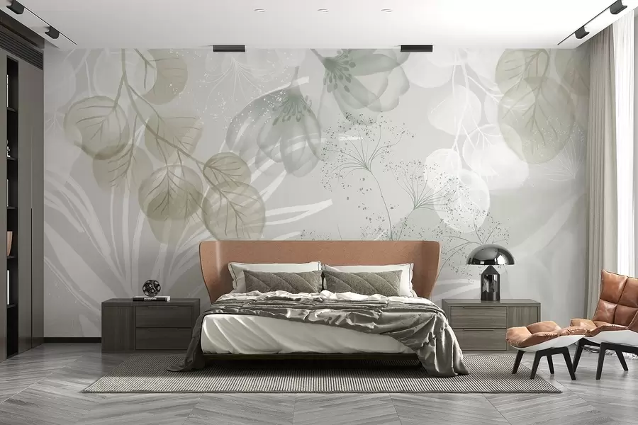 Fotobehang Florale eucaliptuselementen in groene en witte tinten met overlappende bladeren en bloemblaadjes in een minimalistische stijl w08599v1