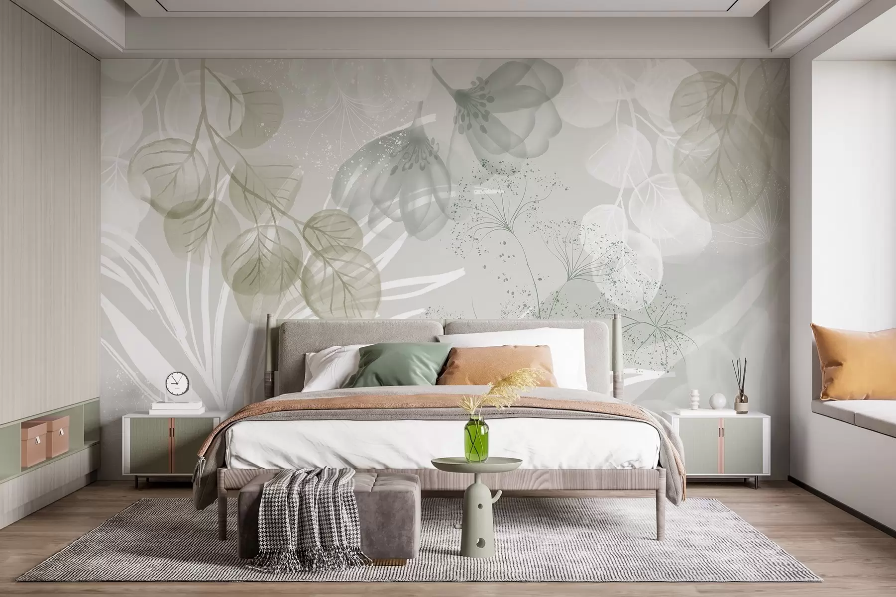 Fotobehang Florale eucaliptuselementen in groene en witte tinten met overlappende bladeren en bloemblaadjes in een minimalistische stijl w08599v1