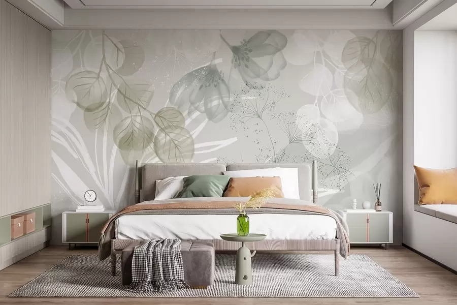 Fotobehang Florale eucaliptuselementen in groene en witte tinten met overlappende bladeren en bloemblaadjes in een minimalistische stijl w08599v1