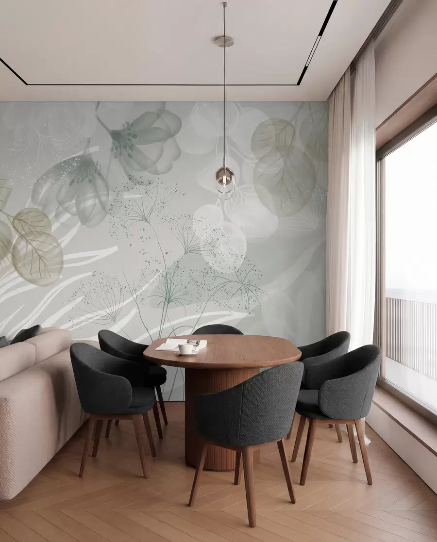 Fotobehang Florale eucaliptuselementen in groene en witte tinten met overlappende bladeren en bloemblaadjes in een minimalistische stijl w08599v1