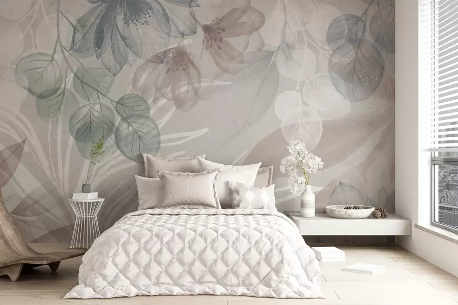 Fotobehang Pastelkleurige bloemenprint met transparante grote abstracte bloemen en bladeren in grijstinten, roze en groen w08600