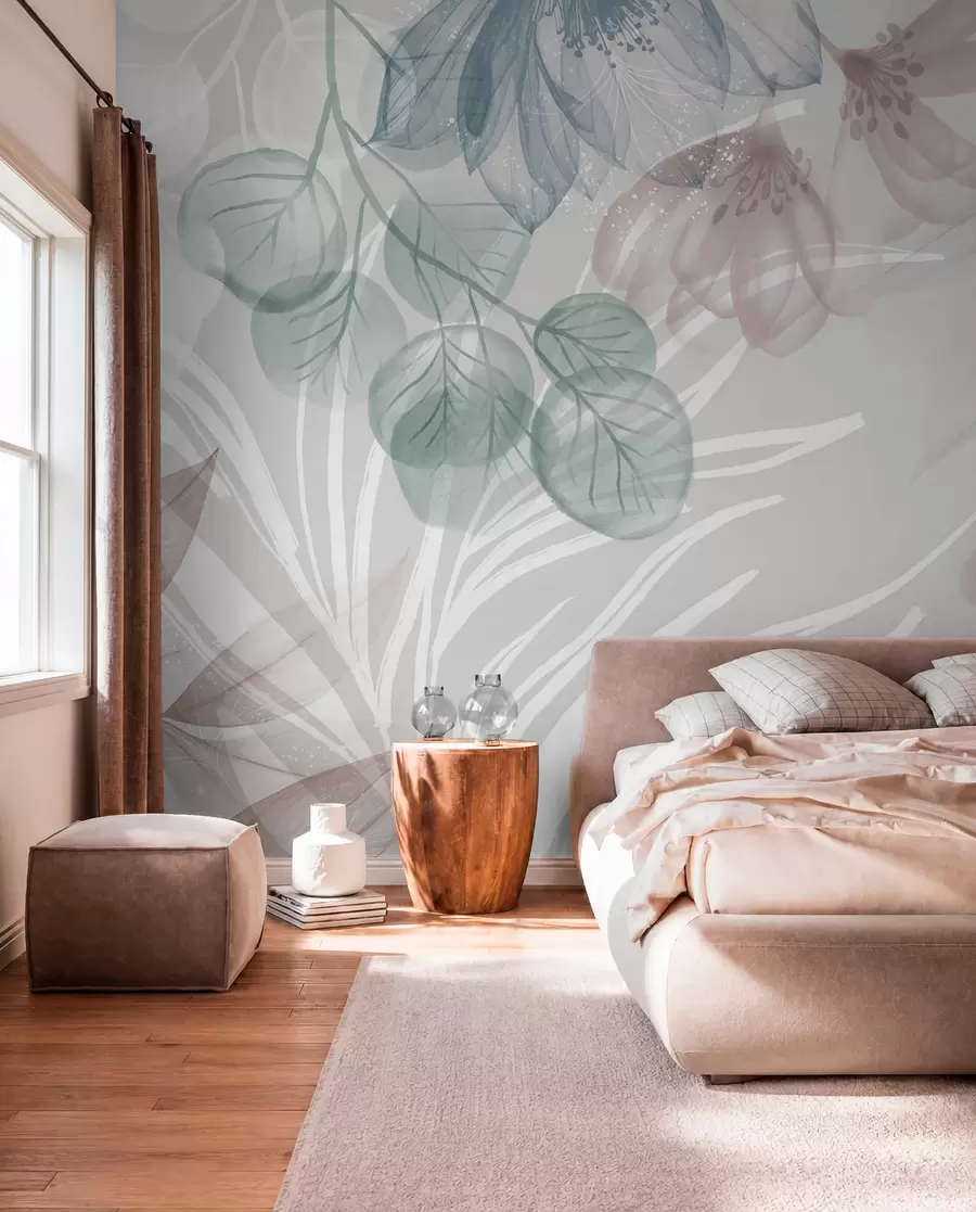 Fotobehang Pastelkleurige bloemenprint met transparante grote abstracte bloemen en bladeren in grijstinten, roze en groen w08600