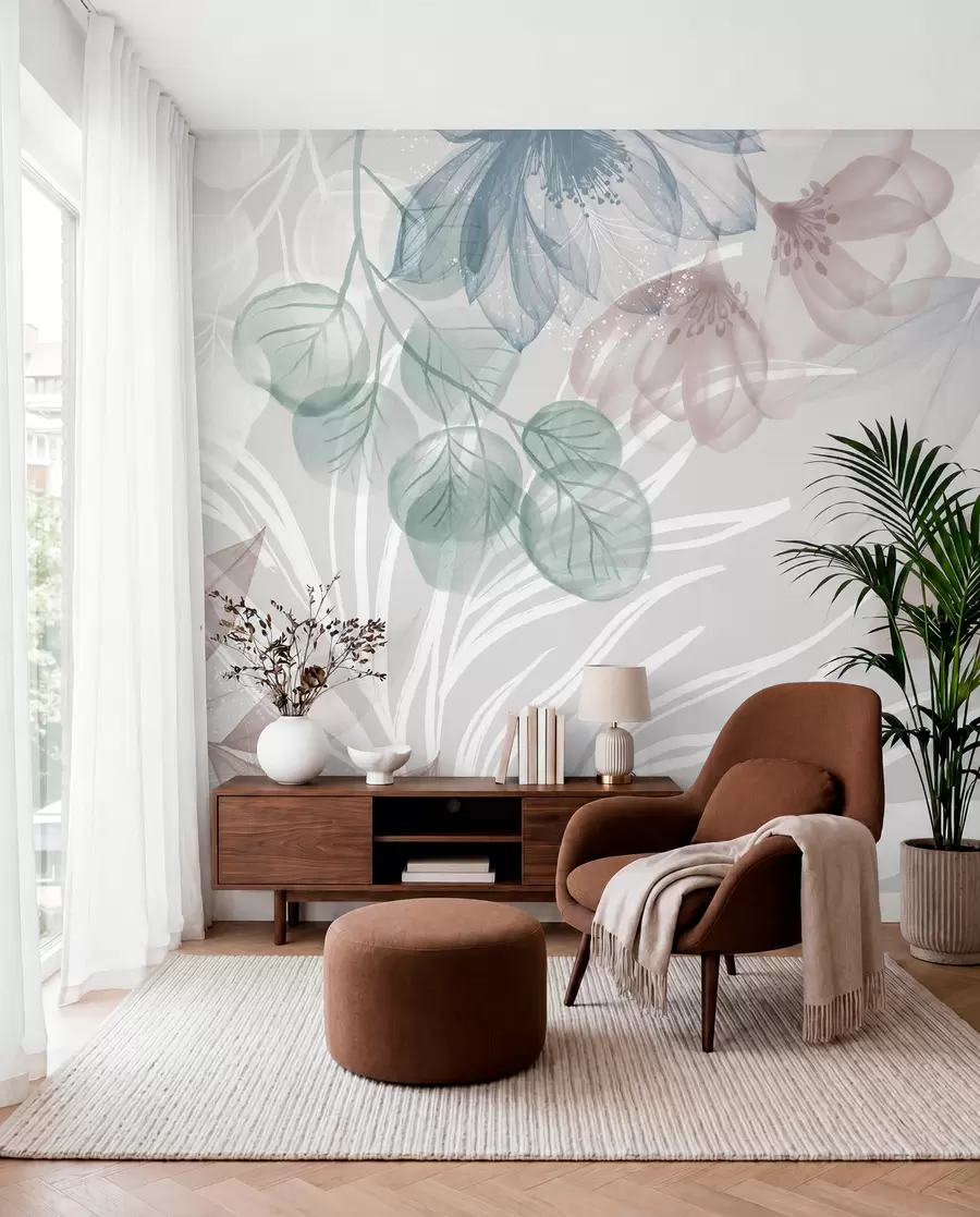 Fotobehang Pastelkleurige bloemenprint met transparante grote abstracte bloemen en bladeren in grijstinten, roze en groen w08600
