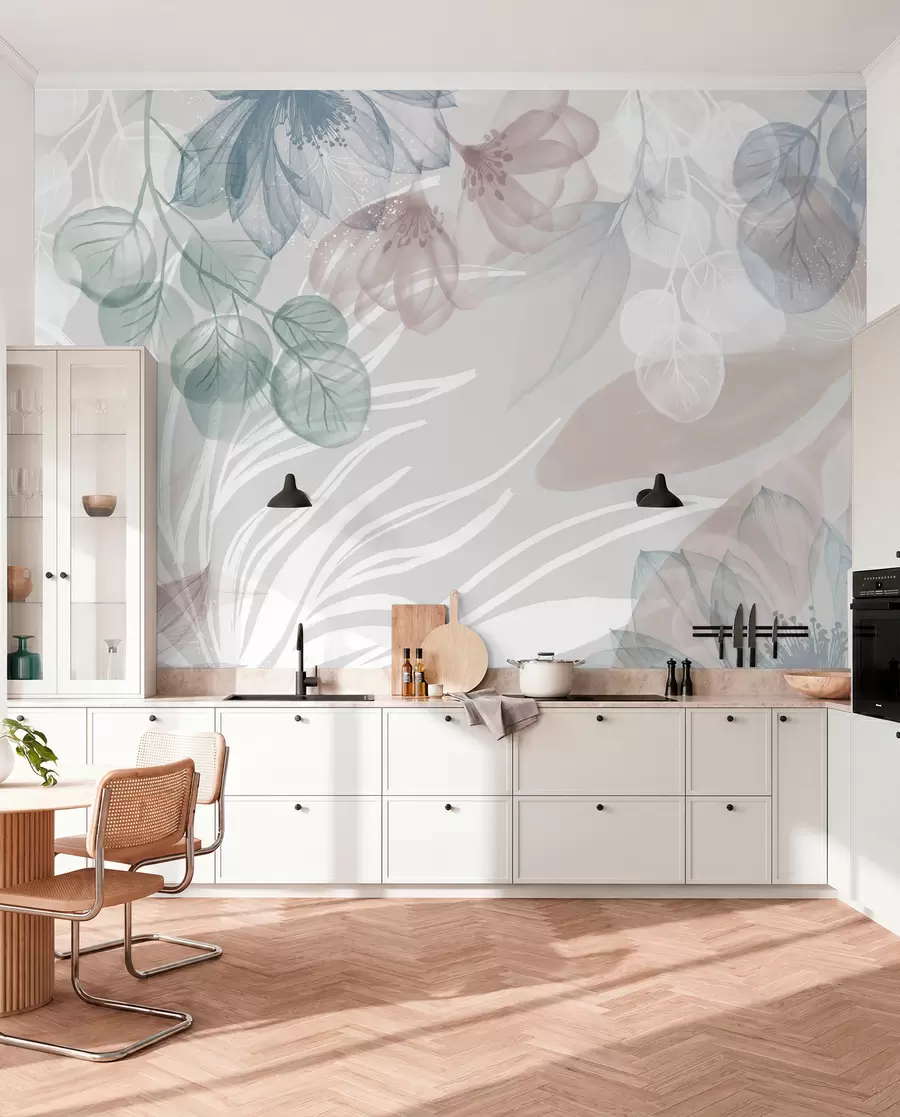 Fotobehang Pastelkleurige bloemenprint met transparante grote abstracte bloemen en bladeren in grijstinten, roze en groen w08600
