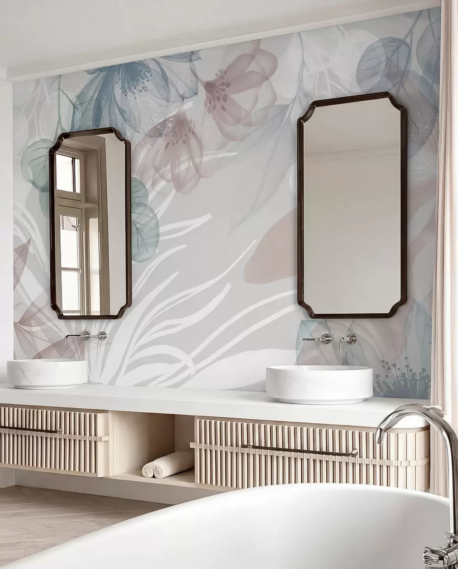 Fotobehang Pastelkleurige bloemenprint met transparante grote abstracte bloemen en bladeren in grijstinten, roze en groen w08600