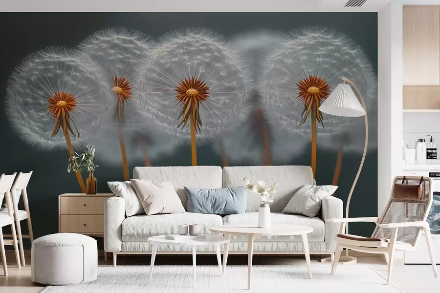 Fotobehang Luchtige paardenbloemen tegen een donkere natuurlijke achtergrond w08498