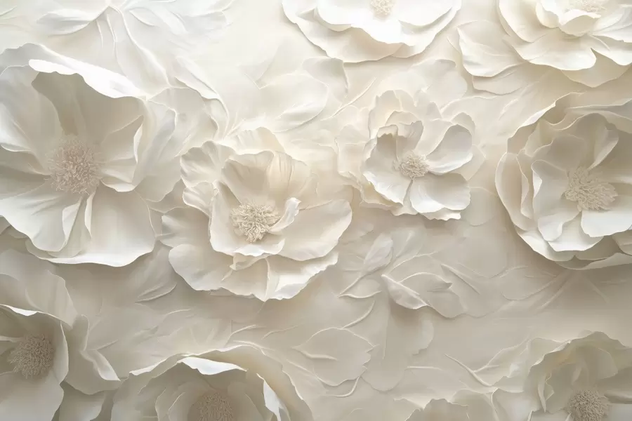 Fotobehang Luchtige bloemen in warme tinten tegen een achtergrond van bladstreken w08562